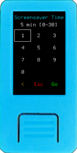 M5StickV Screensaver Time editor after the proposed change, showing 5 min and the accepted range from 0 to 30