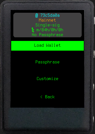 TZT wallet summary before the change, with Load Wallet, Passphrase, Customize, and Back shown at the same level
