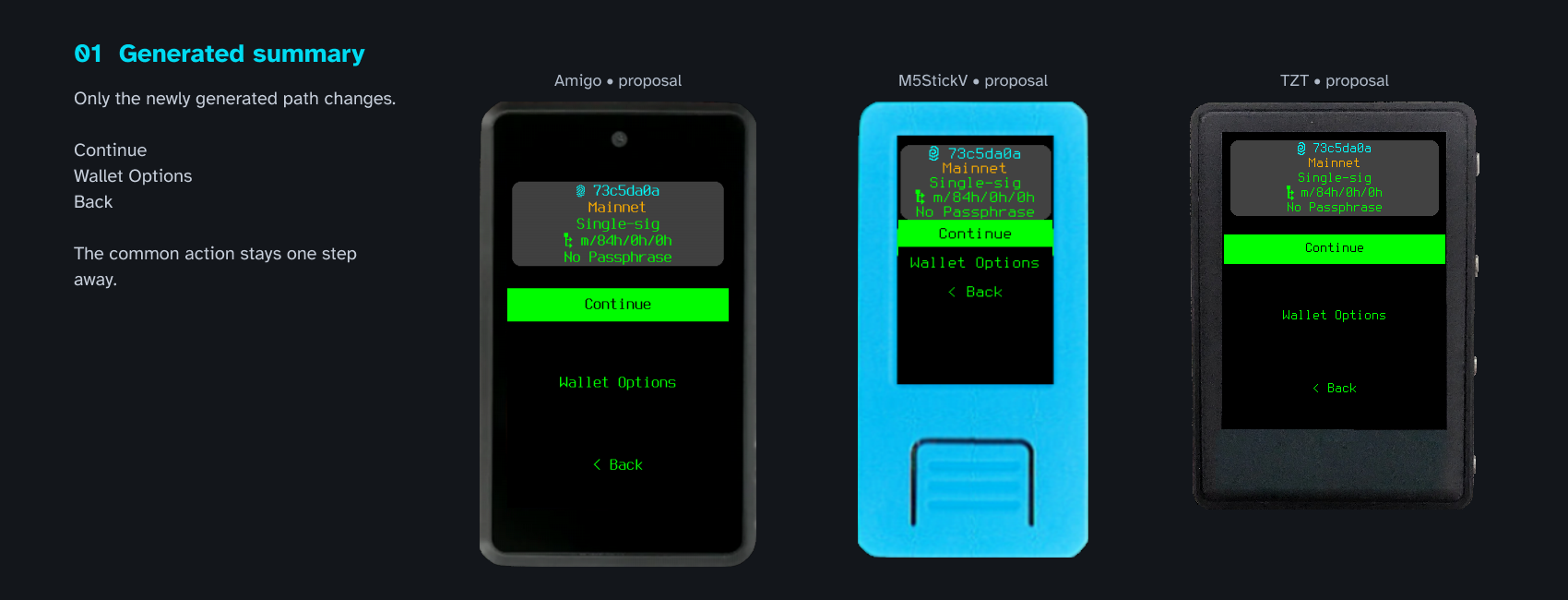 A post-mnemonic design direction shown on Amigo, M5StickV, and TZT Krux hardware