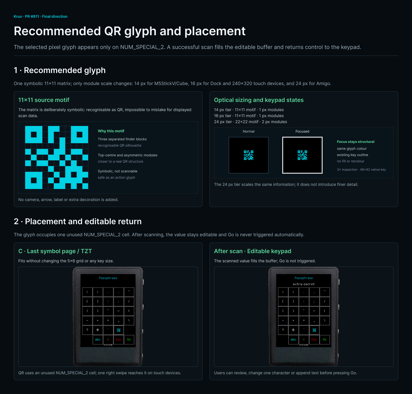 QR keypad design board showing the pixel glyph, placement on TZT, focused state, and editable return after scanning