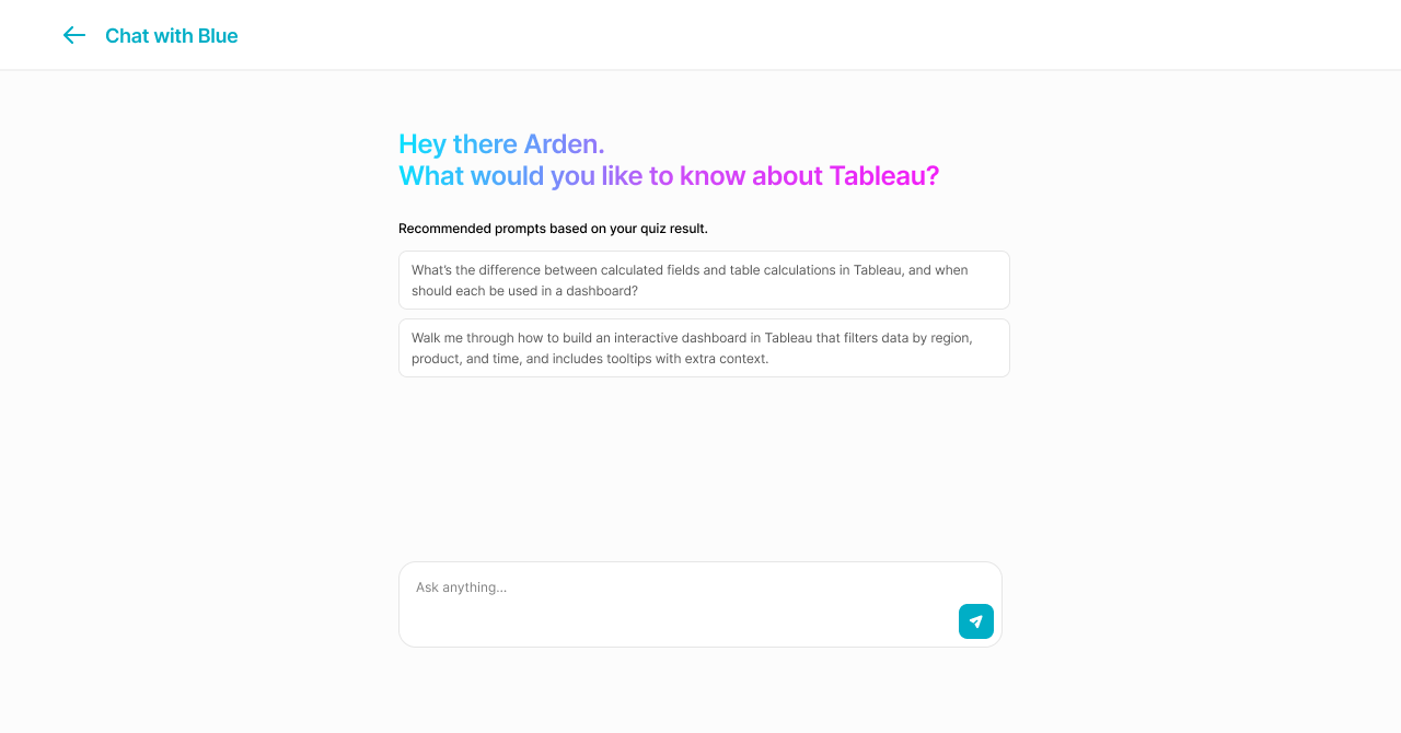 Blue AI mentor interface showing contextual prompts based on the student's Tableau quiz results