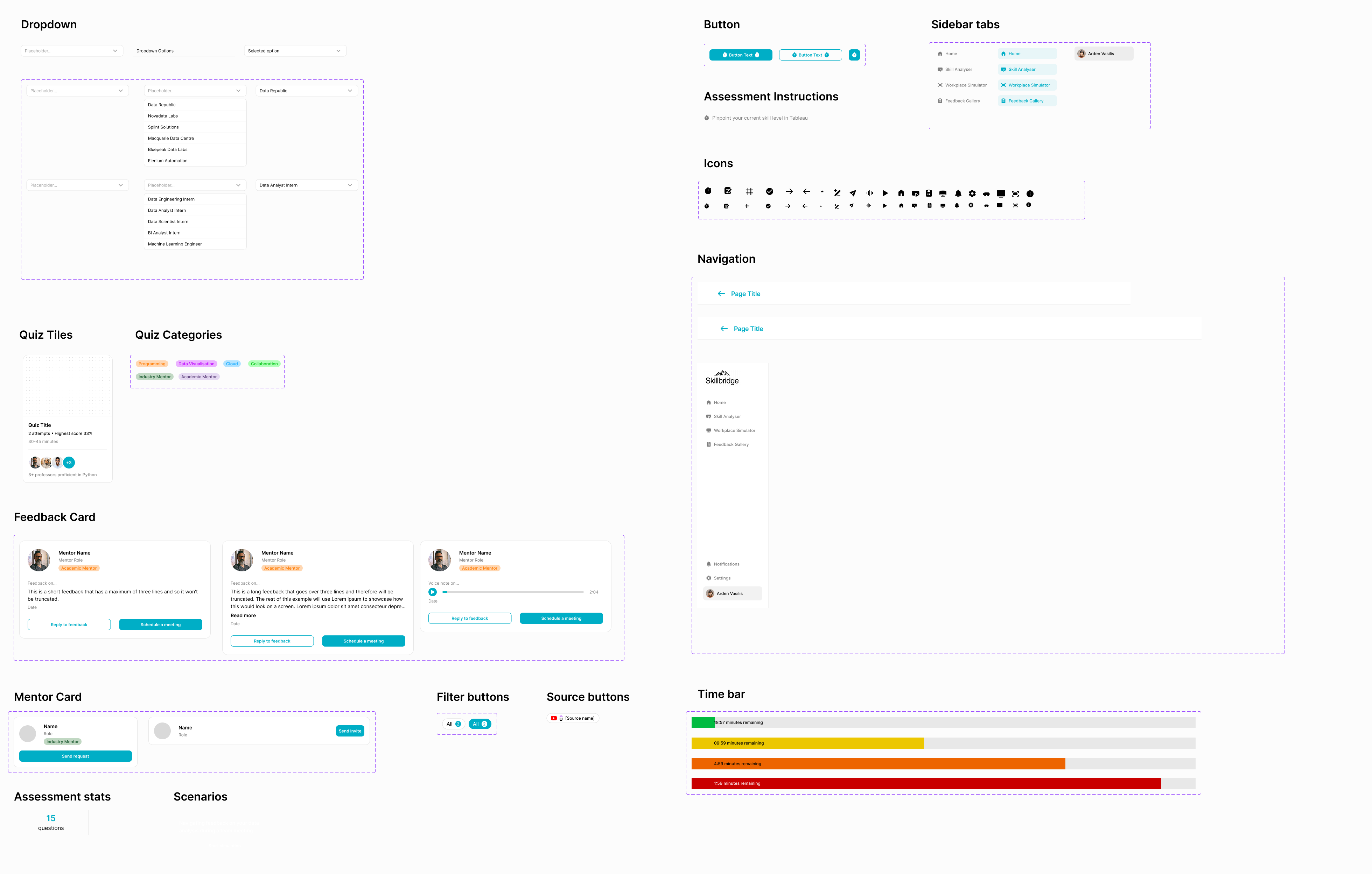 SkillBridge component library showing dropdowns, cards, navigation, and assessment stats