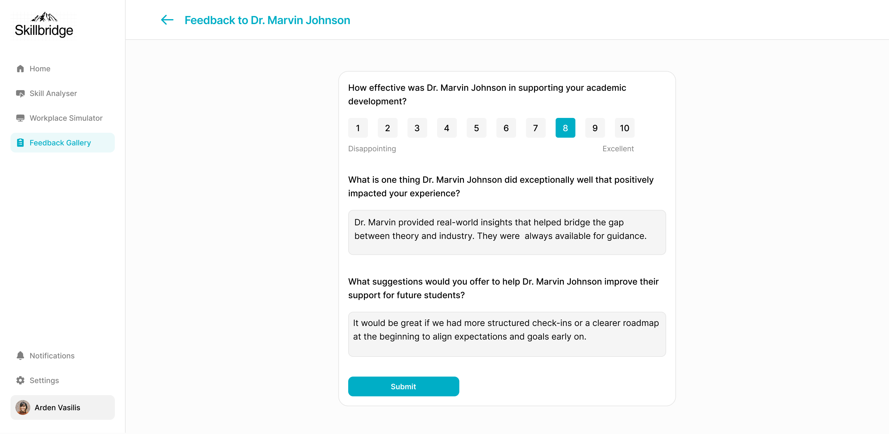 Structured feedback form for rating mentor effectiveness with guided questions