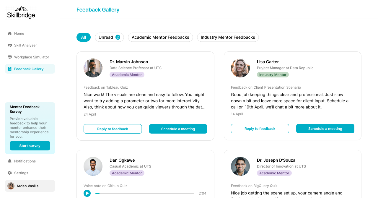 Feedback Gallery showing mentor feedback cards from academic and industry supervisors with filter tabs
