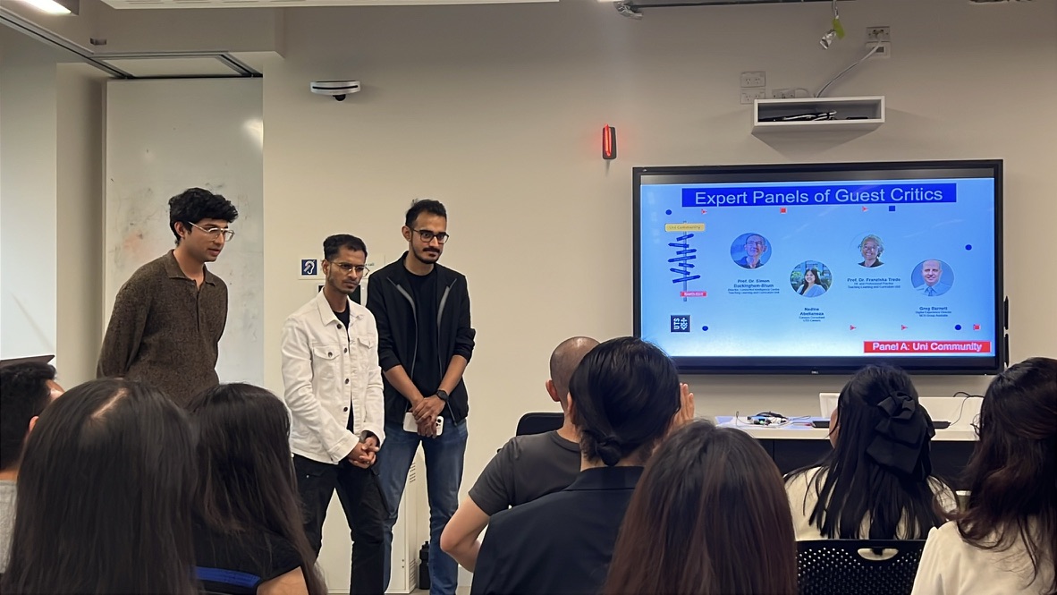 Naman and teammates presenting SkillBridge to an expert panel of guest critics including Prof. Dr. Simon Buckingham Shum, Prof. Dr. Franziska Trede, and industry professionals